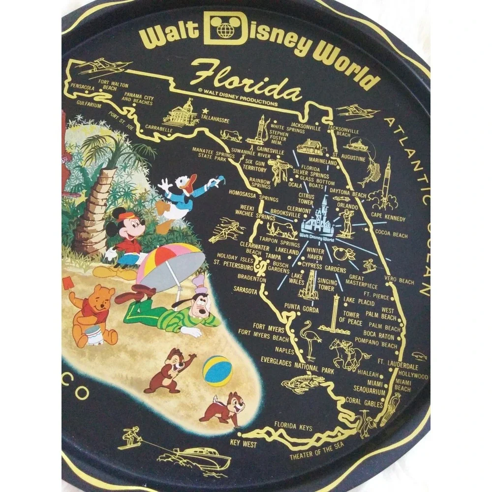 Vintage 1970s Walt Disney World Florida Round Black Metal Tray Mickey Mouse